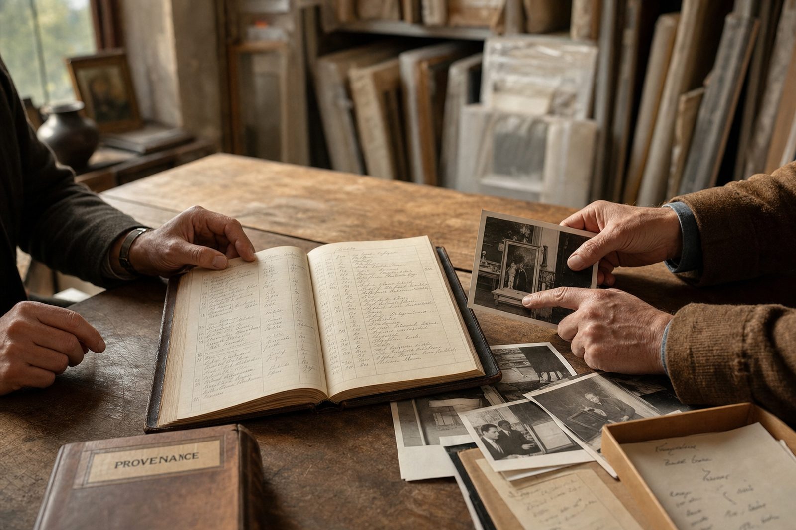 Two people reviewing a leather-bound provenance ledger and archival photographs at a wooden table in an art storage atelier