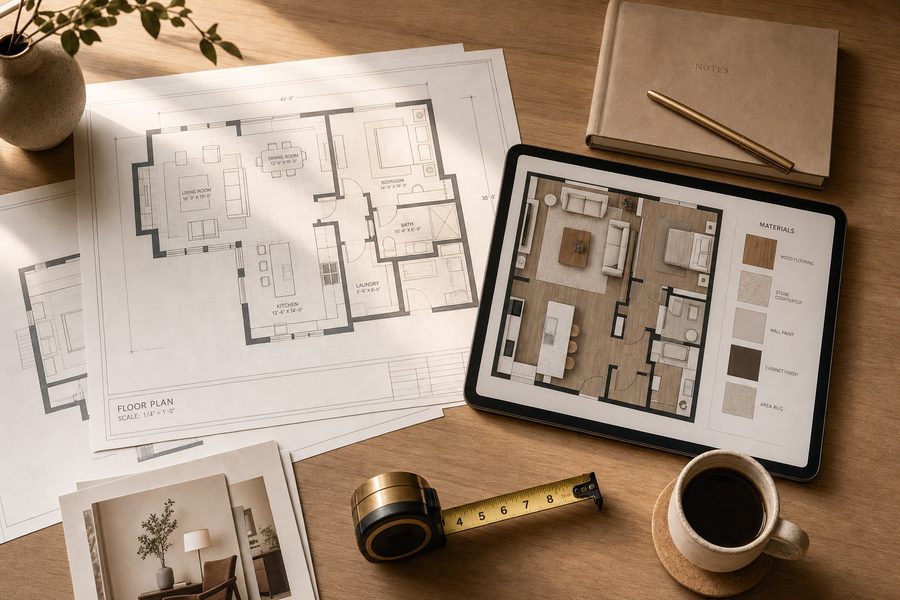 A desk with floor plans, a tablet and measuring tape for a collection placement consultation