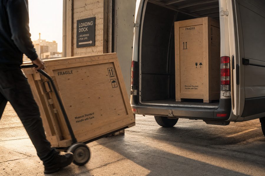 Museum-standard crates being loaded into a cargo van at a loading dock