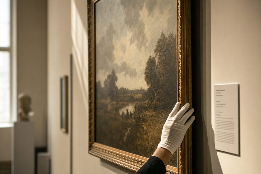 A gloved hand adjusting a large framed painting on a museum gallery wall