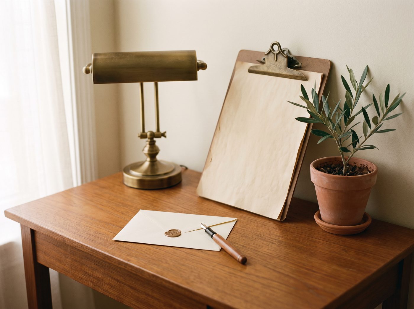 A fountain pen resting on a sealed envelope beside a condition-report clipboard