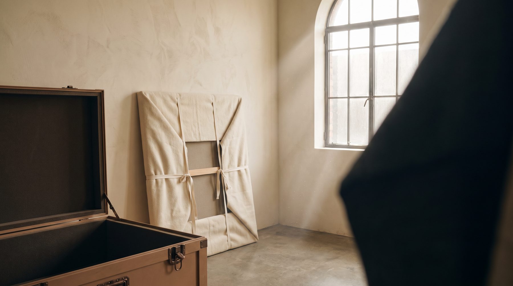 A wrapped painting beside an open museum-standard crate inside a sunlit fine art storage atelier