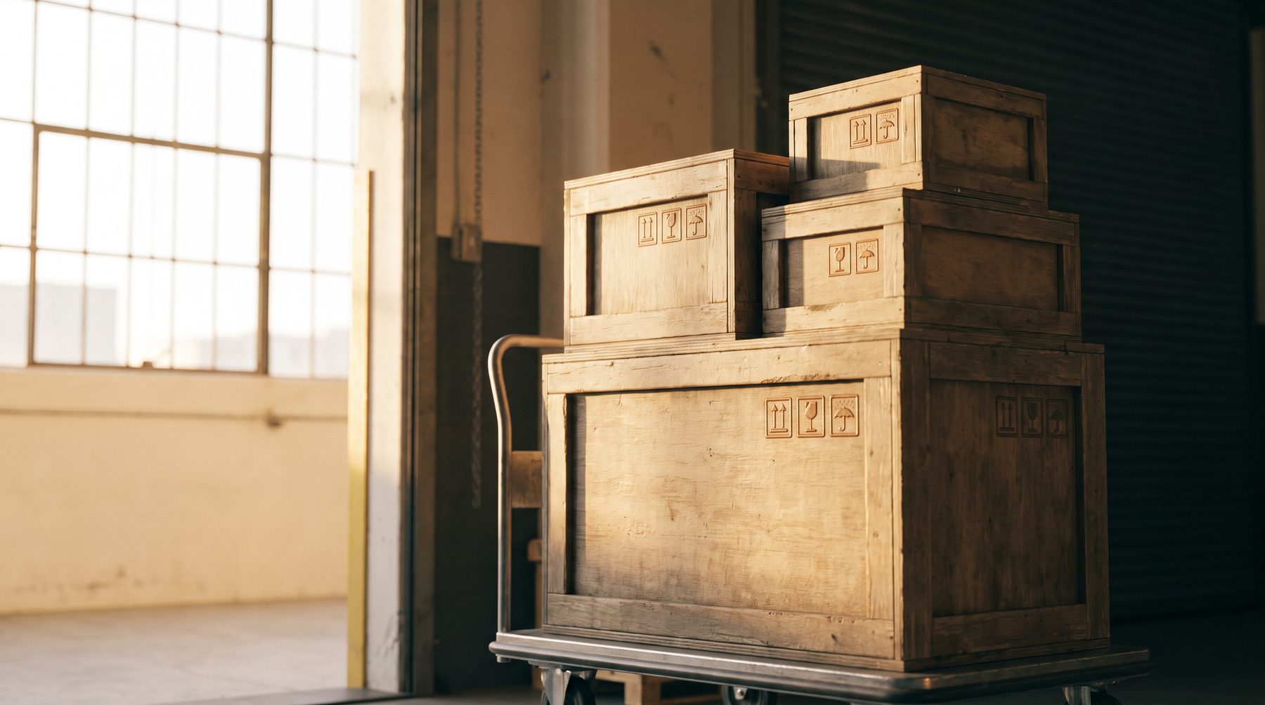 Sealed wooden museum crates stacked on a dolly in a warm-lit loading area
