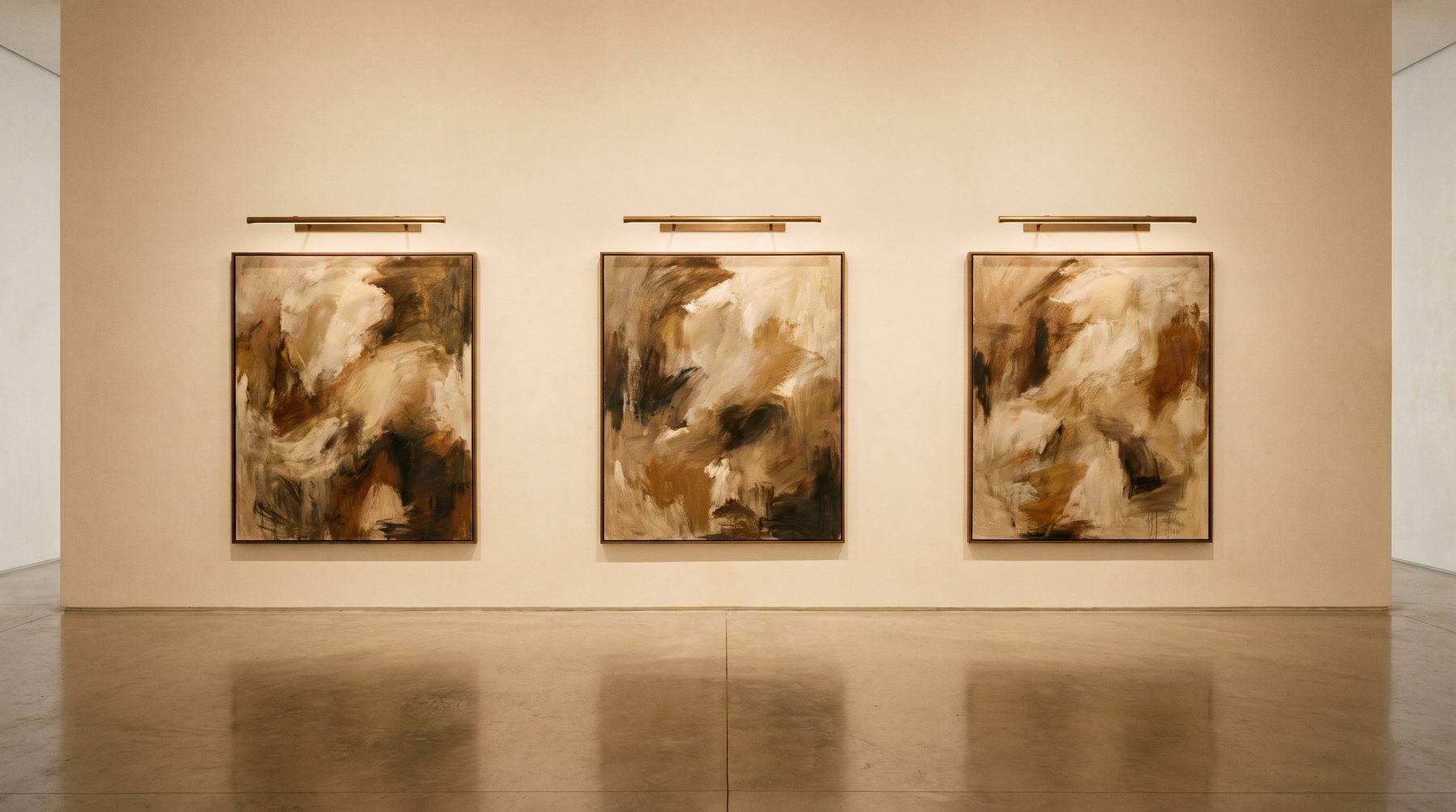 Three framed artworks evenly lit on a minimalist gallery wall