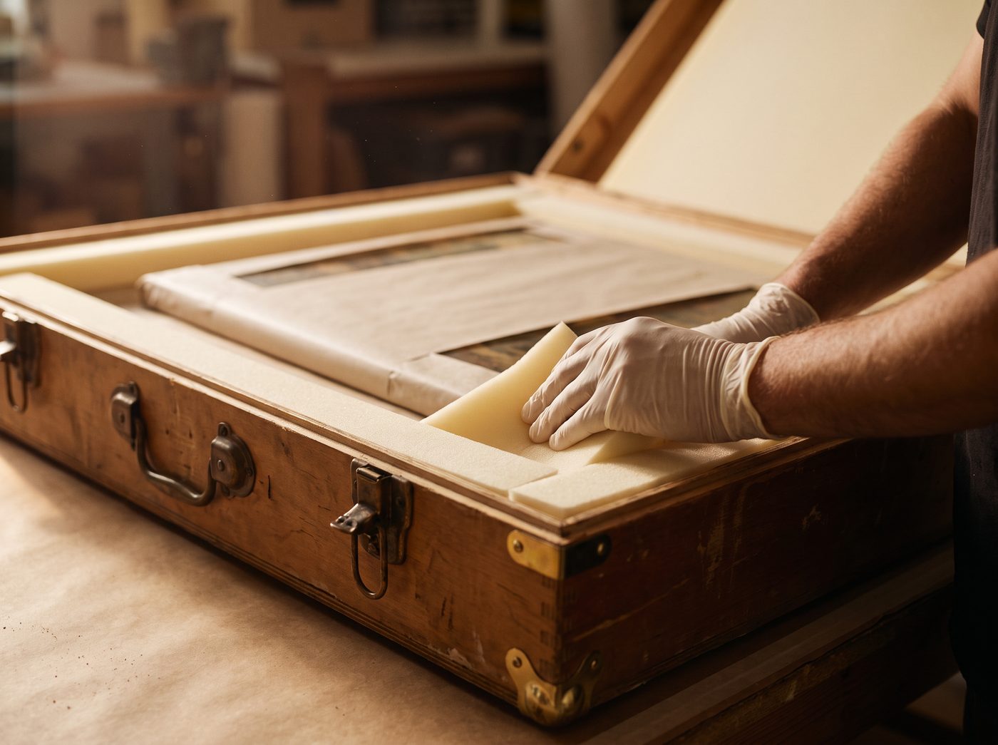 Hands fitting museum-standard foam padding into an open wooden art crate