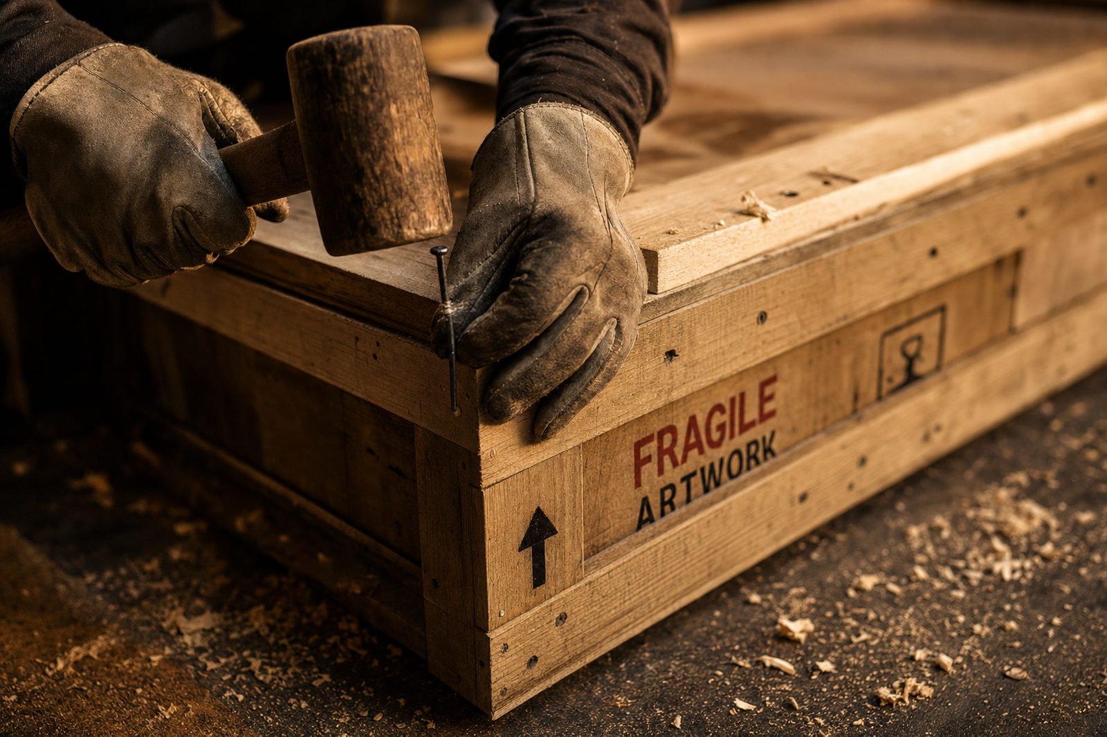 Gloved hands sealing a wooden art crate with a mallet and nails, marked Fragile Artwork