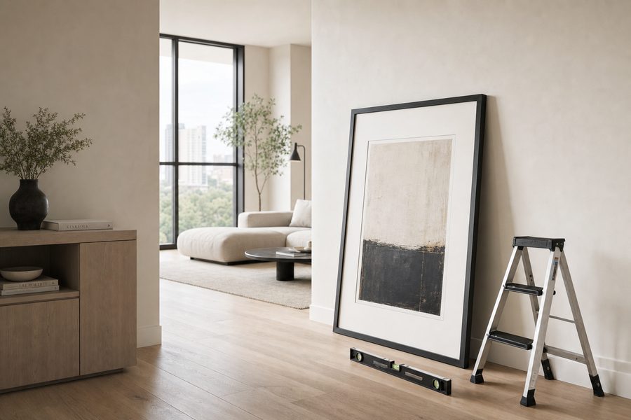 A framed artwork leaning against a wall in a bright new show-unit interior