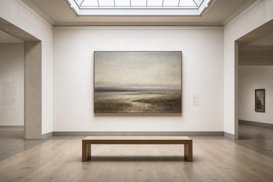 An empty bench facing a large framed painting in a quiet museum gallery