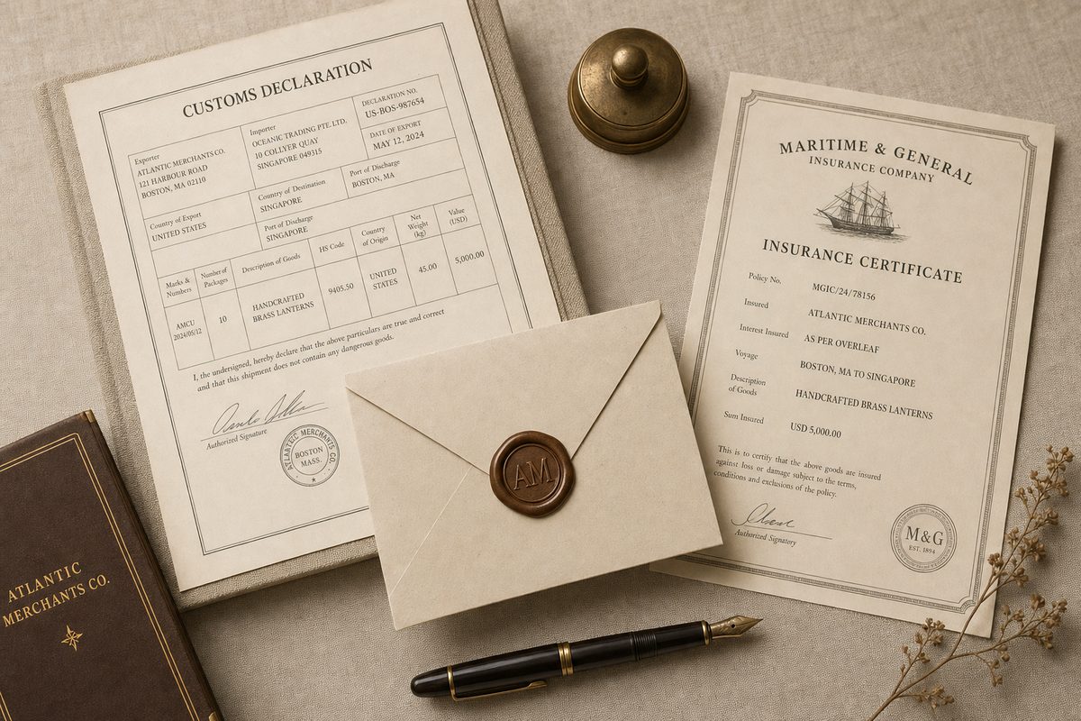 Customs declaration, insurance certificate and a wax-sealed envelope arranged on a desk